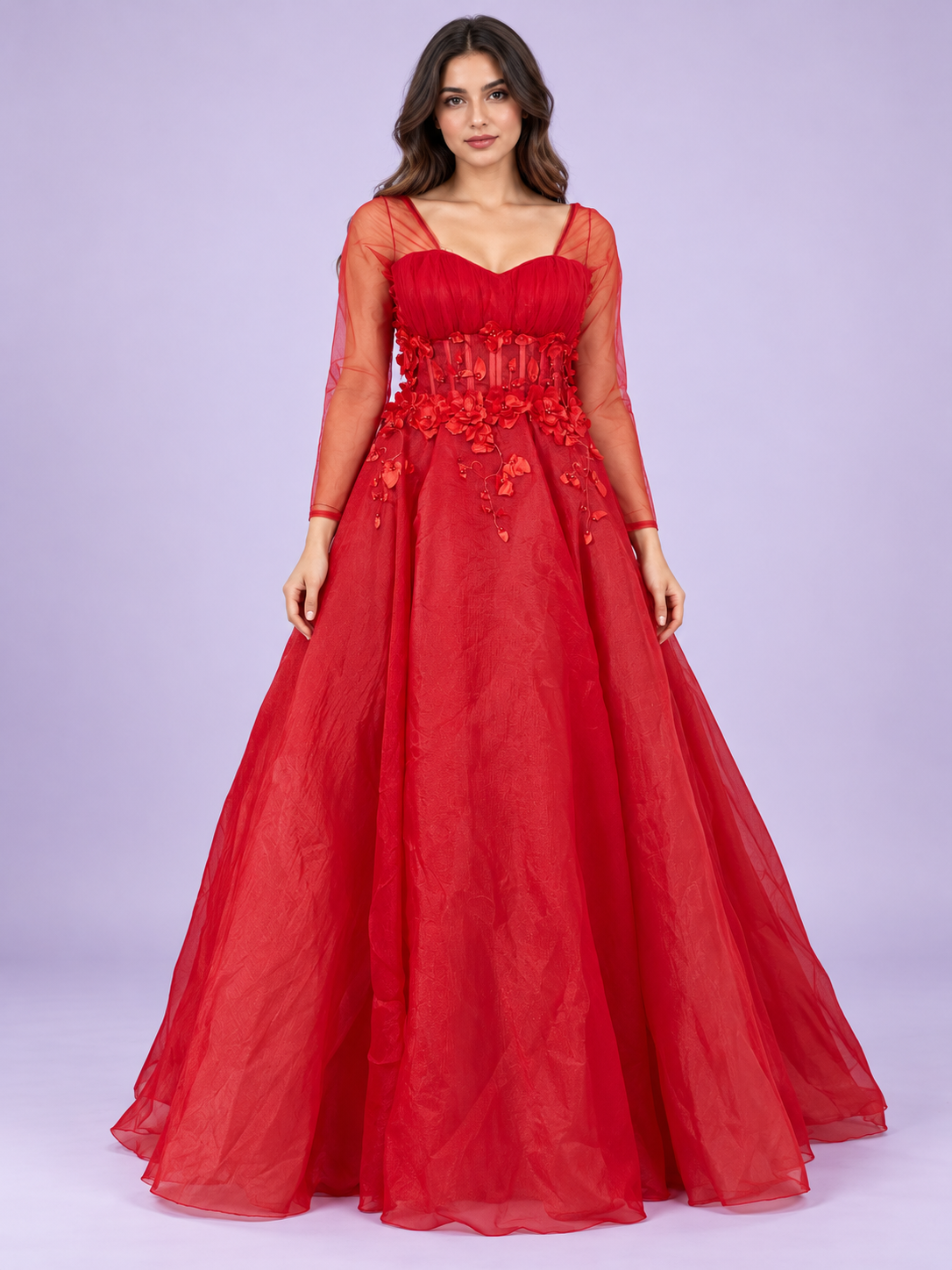 Vestido rojo con aplicaciones sobre modelo virtual adulto