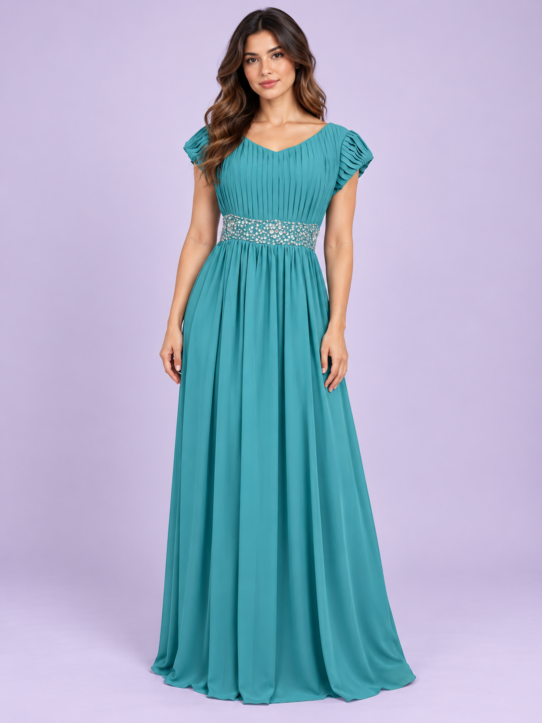 Vestido turquesa sobre modelo virtual adulto
